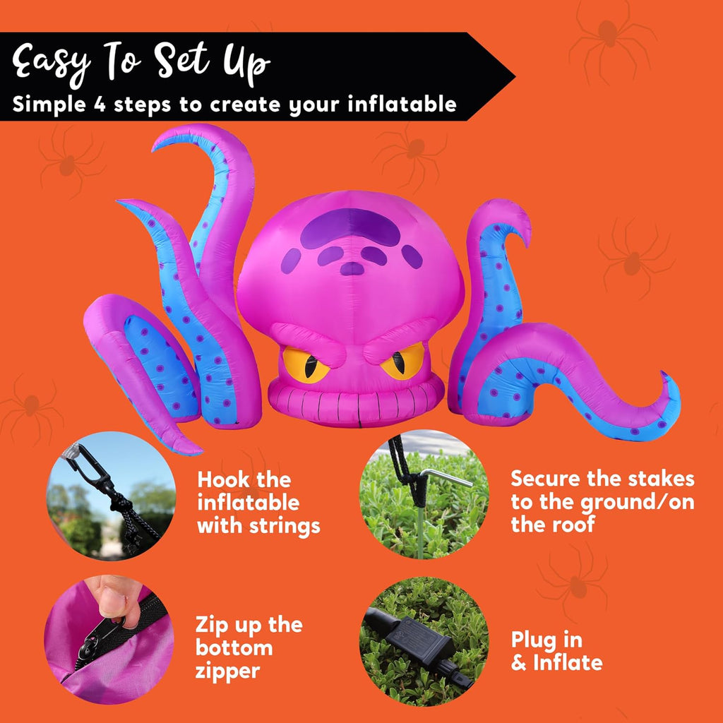 JOYIN 10 ft Lighted Halloween Octopus Inflatable – Blue or Purple