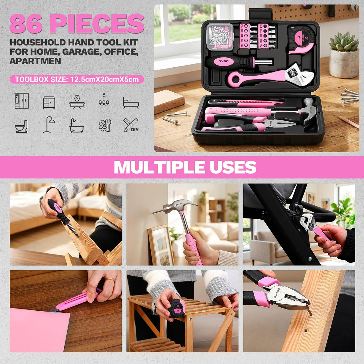 DEKOPRO DKMHTK086BMC-Pink 86-Piece Household Hand Tool Kit – Pink – product detail