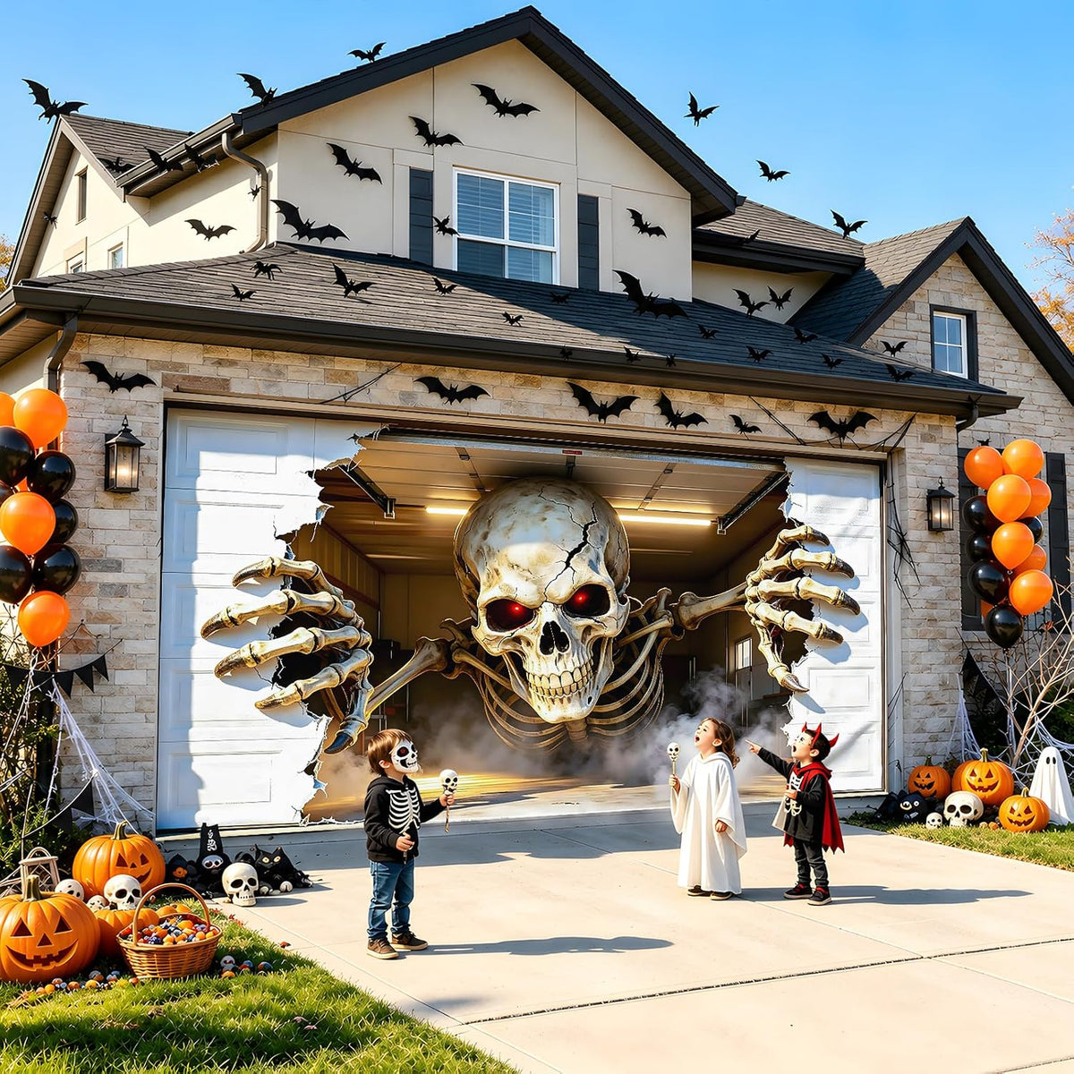 Allotall 001 16-by-7-Foot Halloween Skeleton Garage Door Banner – 16 × 7 ft – 3D Skull 1 / 16 × 7 ft – product detail
