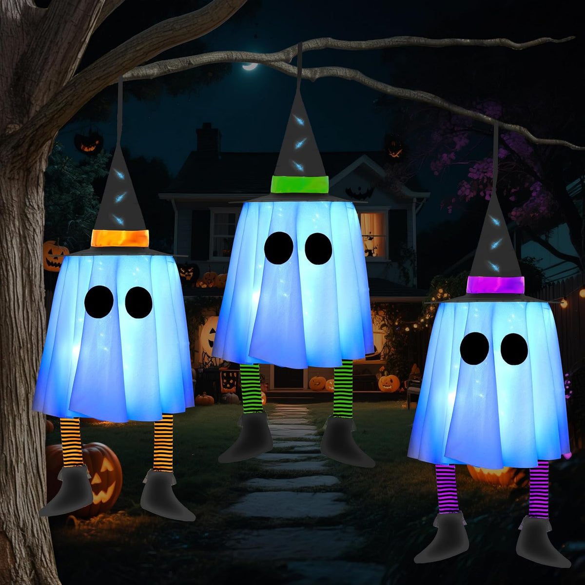 JOYIN 3-Pack 23.6-Inch Light-Up Hanging Ghosts with Witch Hats
