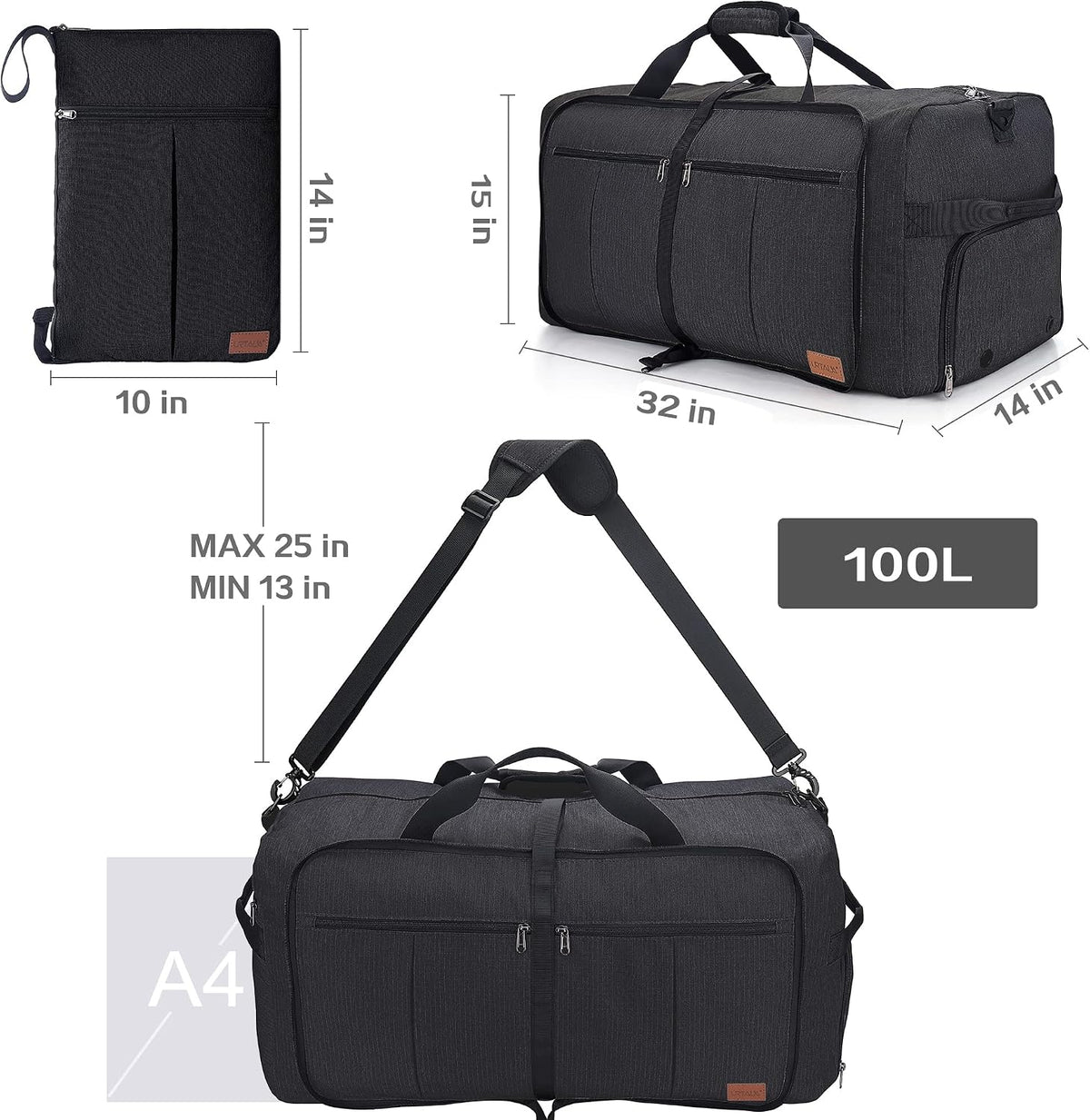 Urtala Foldable Travel Duffel Bag – 100L, Black – Black / 100L – product detail
