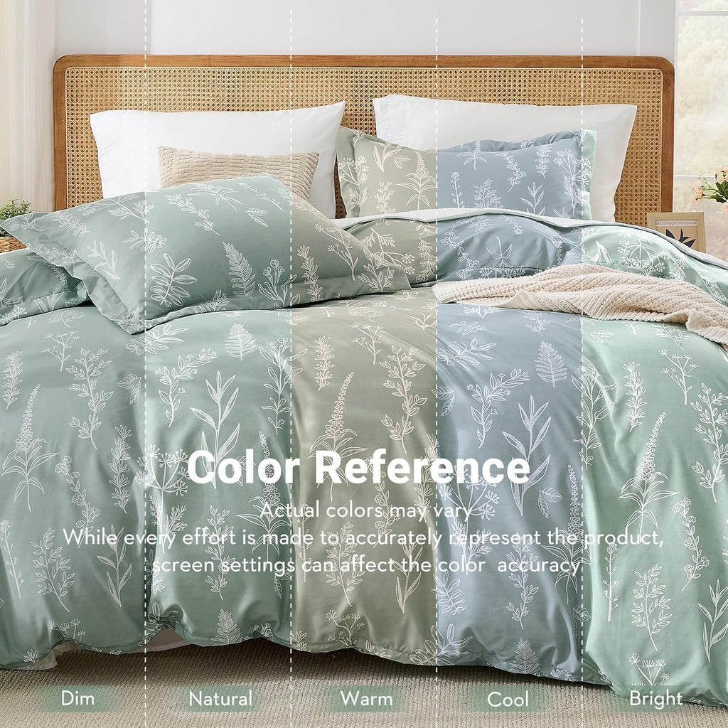 MUXHOMO Duvet Cover Queen Size, 3-Piece Floral Green Bedding Set · 3