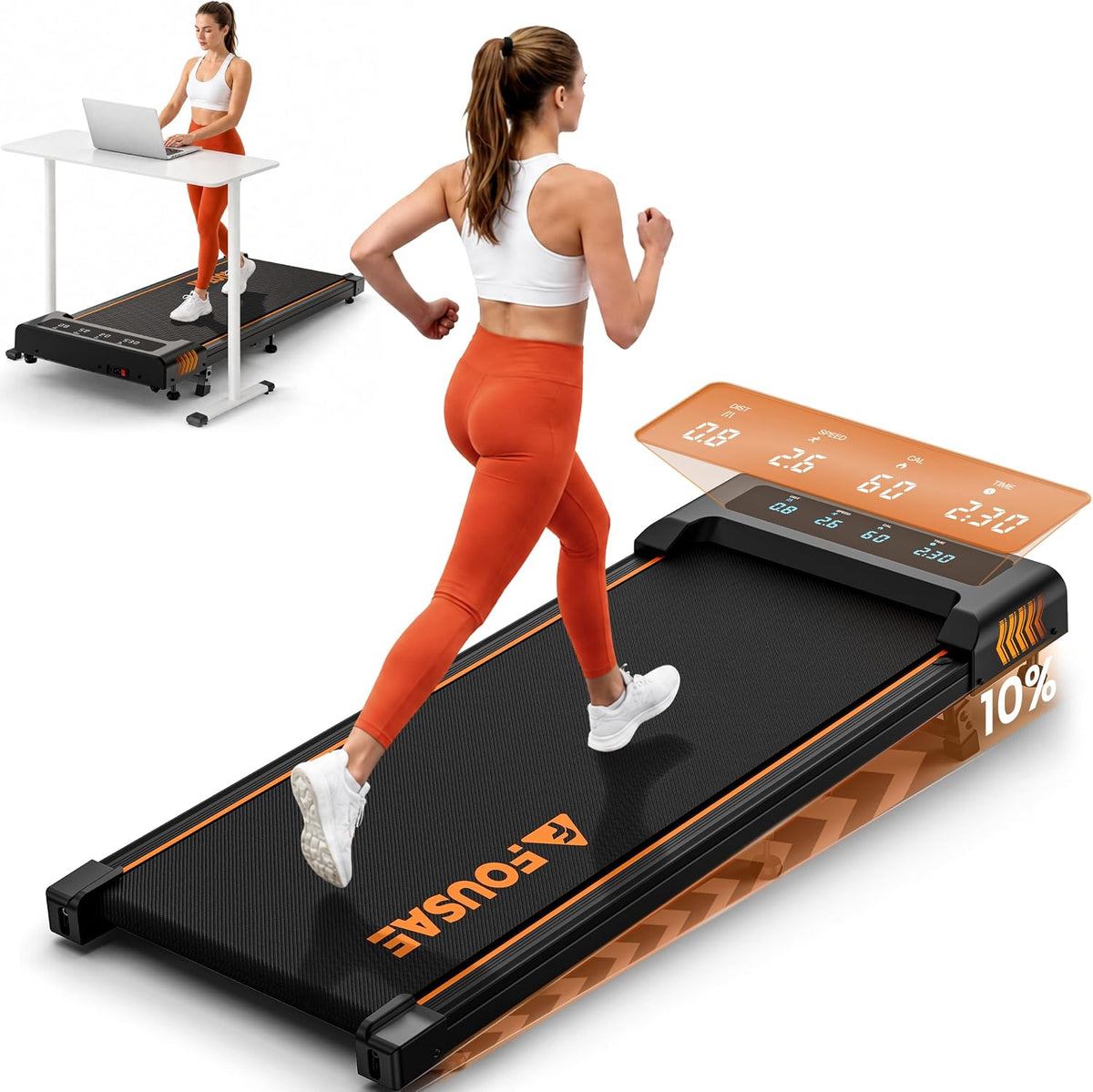 FOUSAE Under-Desk Walking Pad with 10% Incline and LED Display
