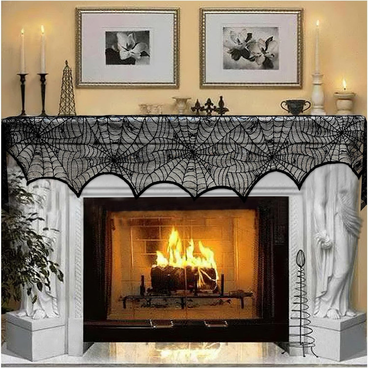 AerWo Black Lace Spiderweb Mantel Scarf
