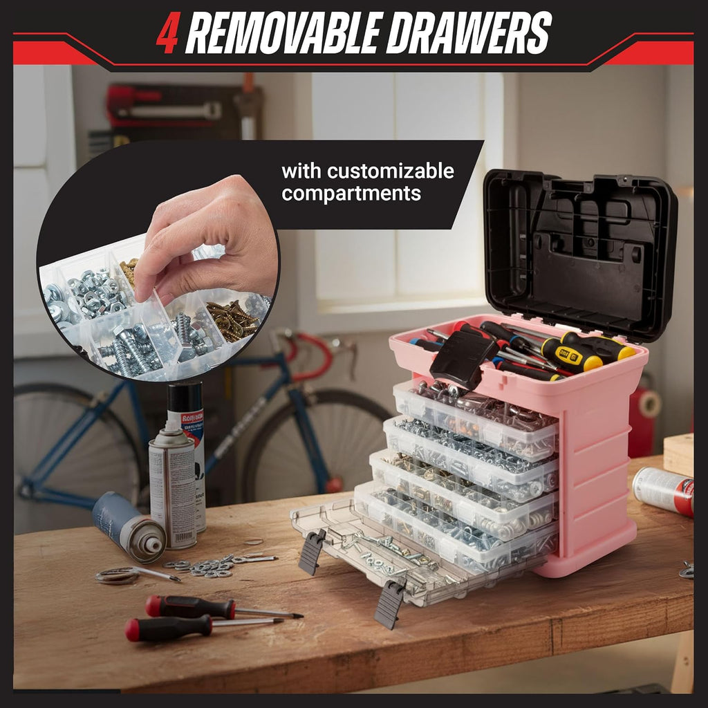 Stalwart 75-STO3183 Portable Parts Organizer with Four Removable Boxes – Pink – product detail