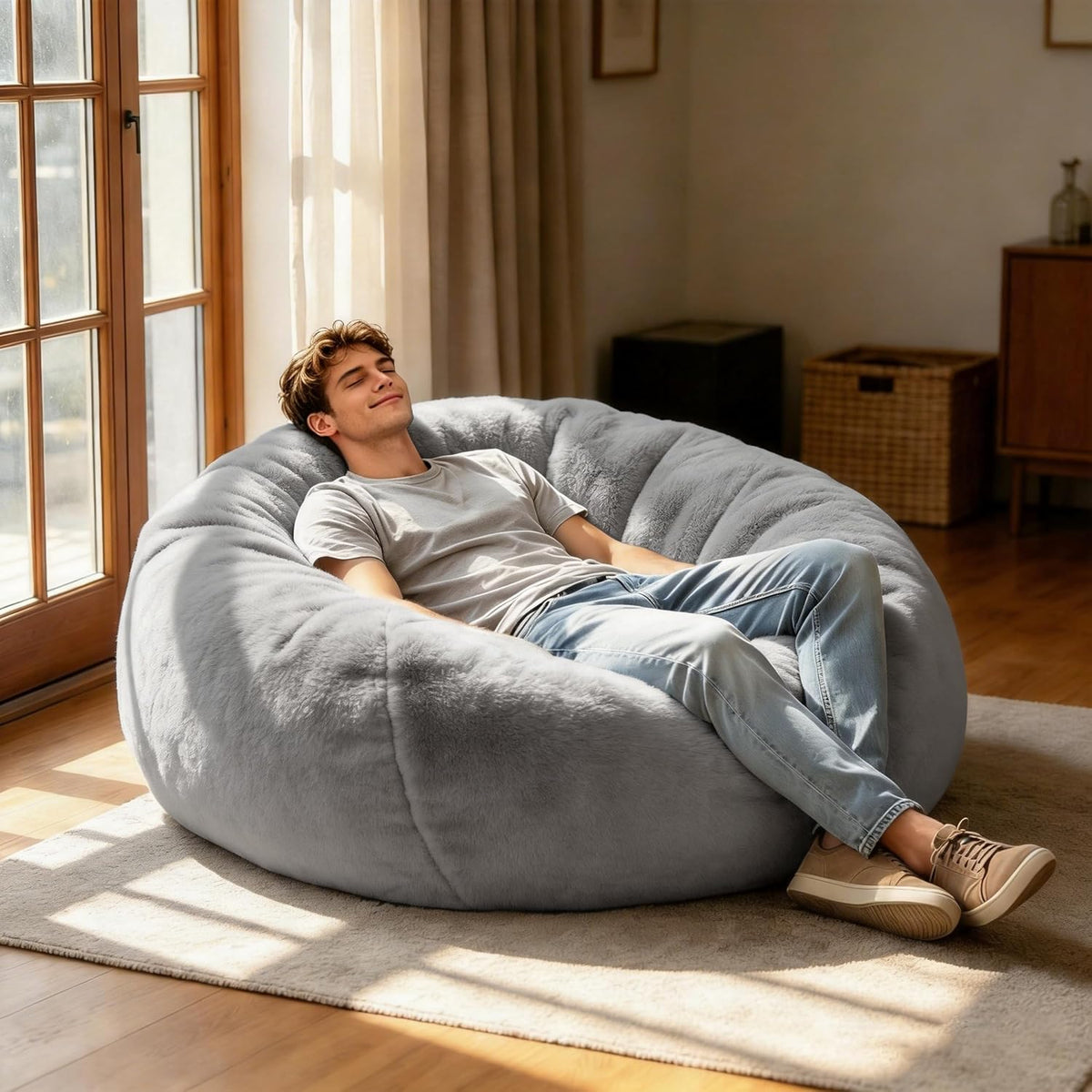Gurxien Light Gray Adult L faux fur bean bag cover, shown filled; filling not included