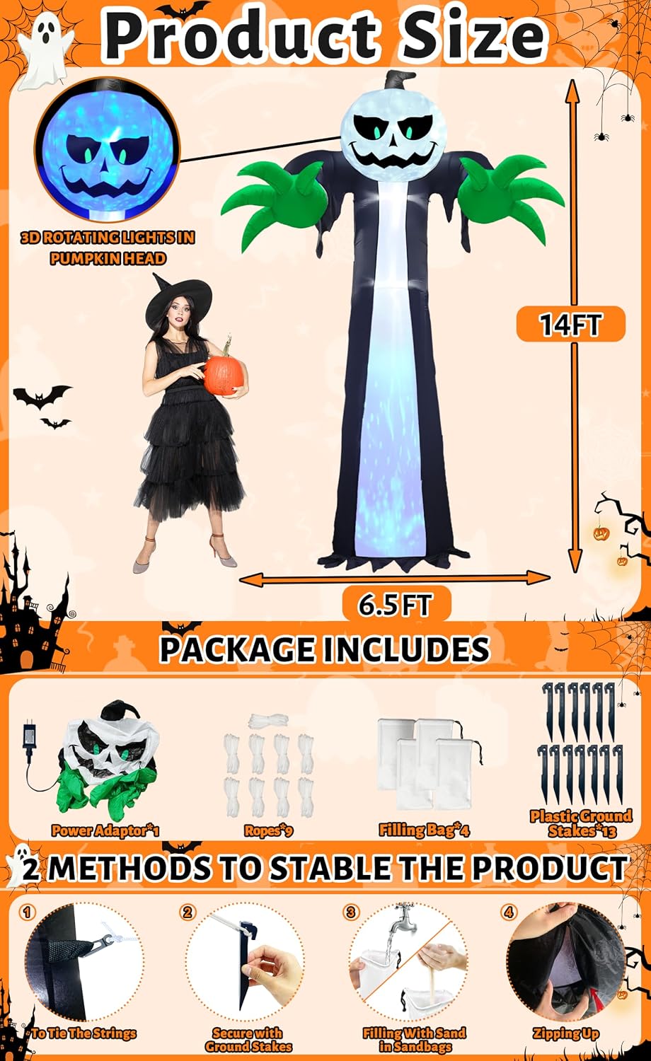 TURNMEON J-12V30W 14-Foot Halloween Pumpkin & Ghost Inflatable – Blue – product detail