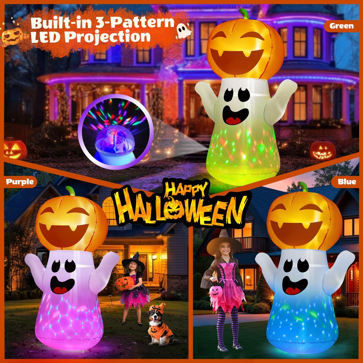 zukakii QM-WS-019 5-Foot Halloween Pumpkin & Ghost Inflatable – White – product detail