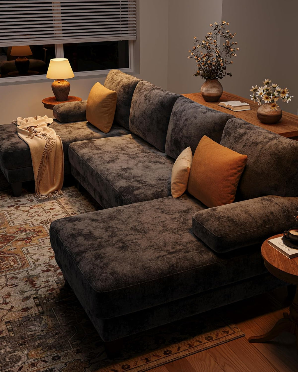TROMIRY 112-Inch U-Shaped Chenille Sectional Sofa, Dark Grey