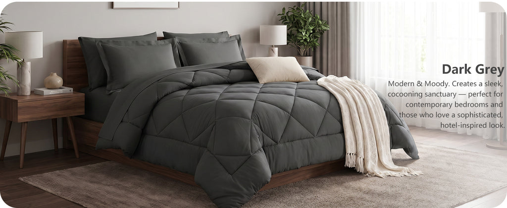 CozyLux Queen Comforter and Sheet Set, 7 Pieces, Dark Grey