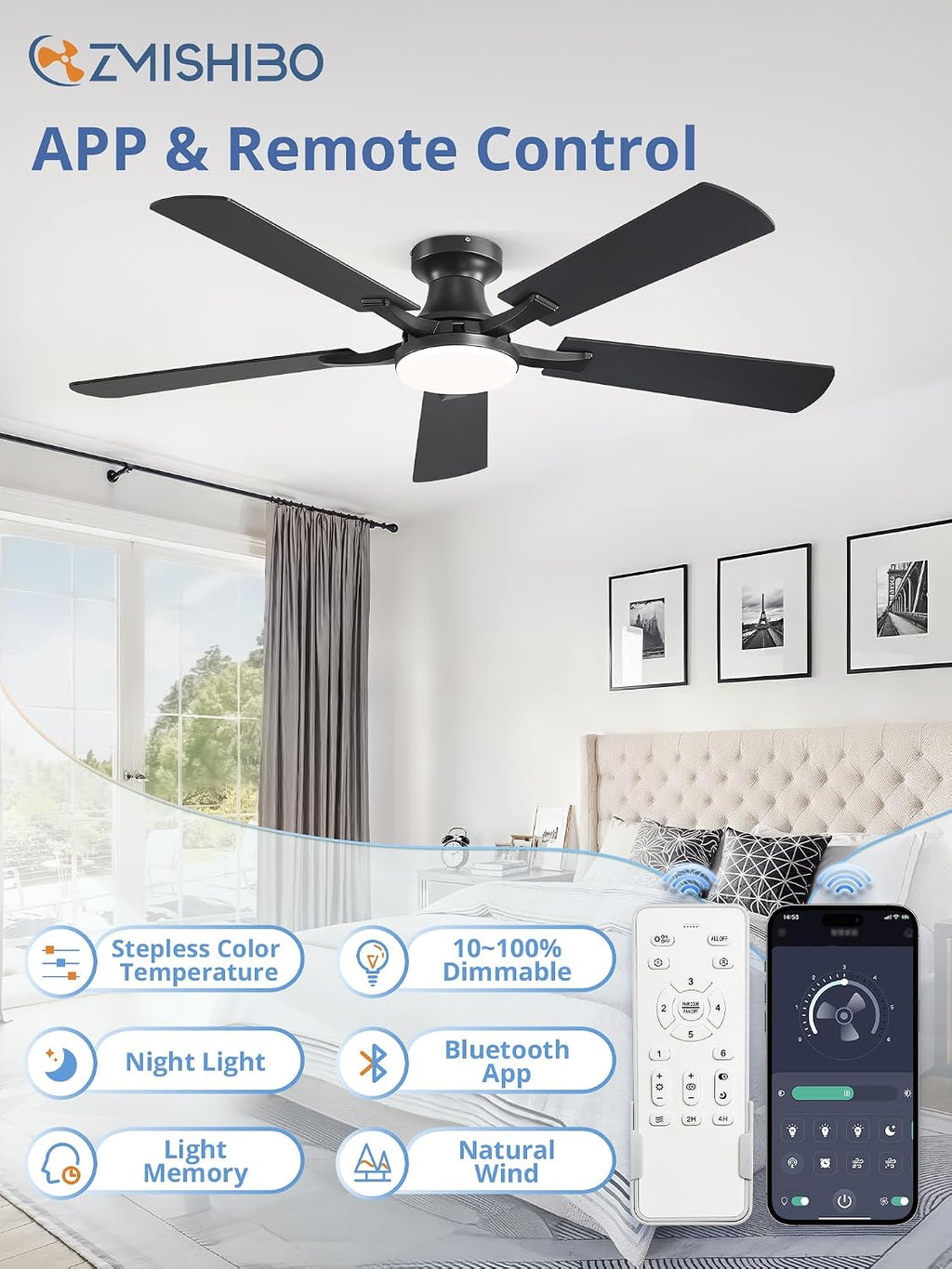 ZMISHIBO 52-Inch Flush-Mount Ceiling Fan with LED Light, Black