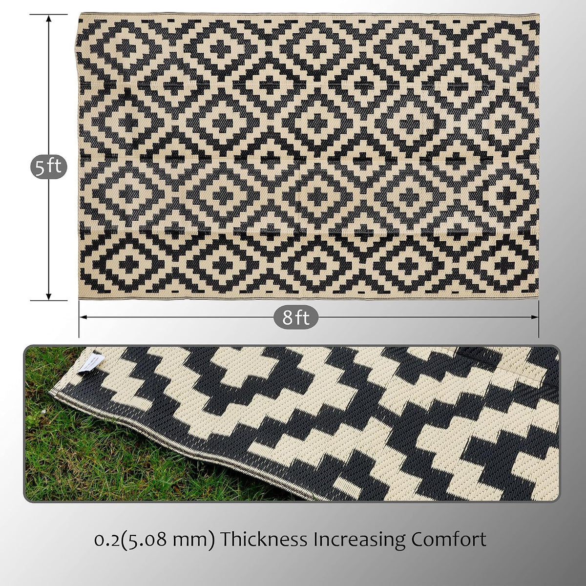 SAND MINE Reversible Outdoor Rug, Black and Beige, 5 x 8 ft