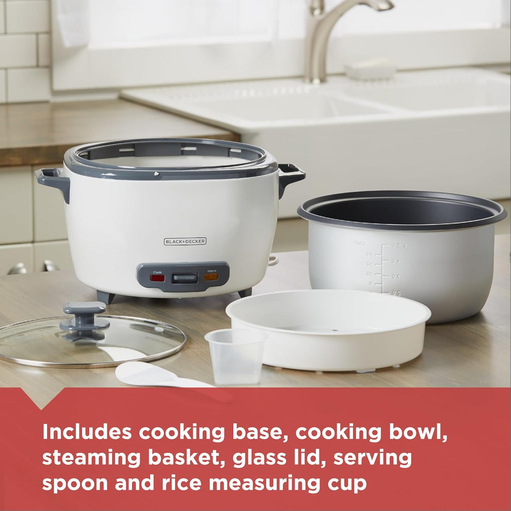 BLACK+DECKER Rice Cooker with Steamer, White, 6 Cups Cooked
