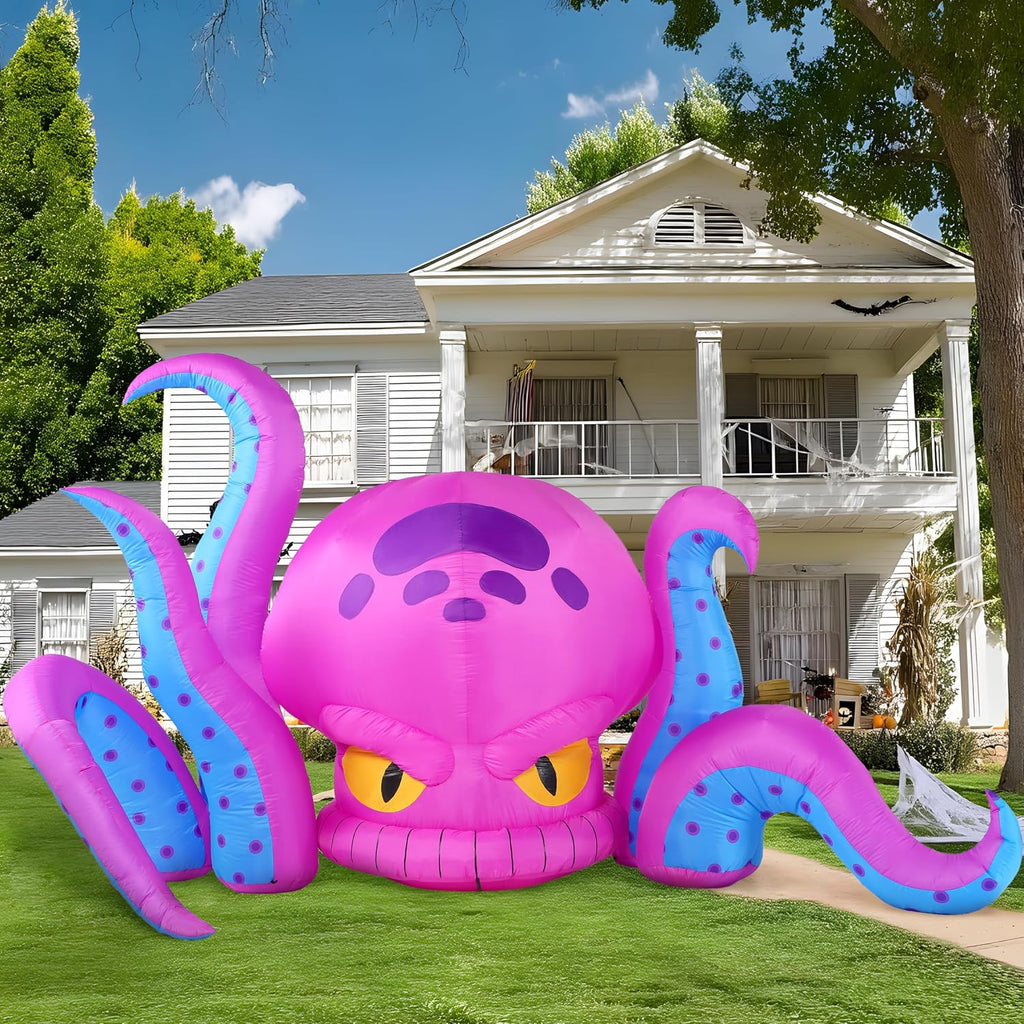 JOYIN 10 ft Lighted Halloween Octopus Inflatable – Blue or Purple