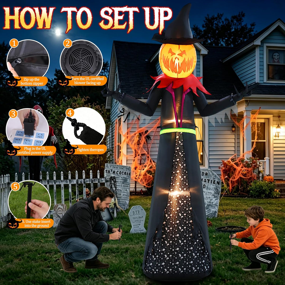 GIFTFIND 10080 9-Foot Halloween Pumpkin & Witch Inflatable – 9ft Pumpkin Man – product detail
