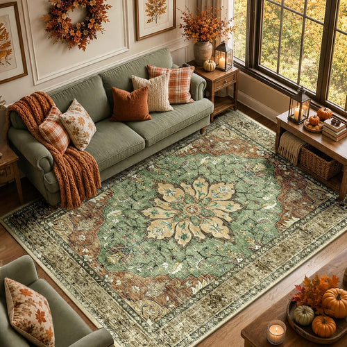 RELEANY Vintage Floral Area Rug, Brick/Brown/Green, 8 x 10 ft