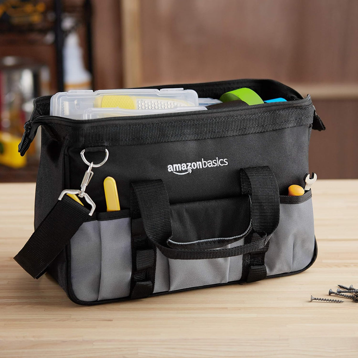 Amazon Basics TB001 12-Inch 16-Pocket Tool Bag – Small Standard Bag, Black & Gray – Small Standard Bag / Black & Gray – product detail