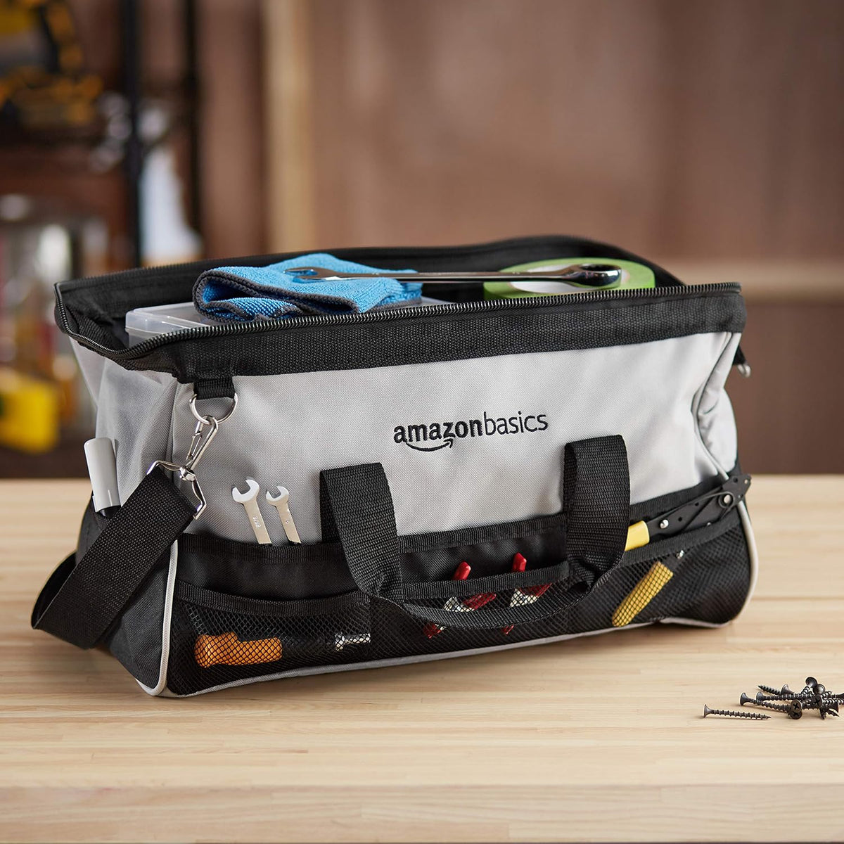 Amazon Basics Tool Bag with Shoulder Strap, Small or Large, Black & Gray