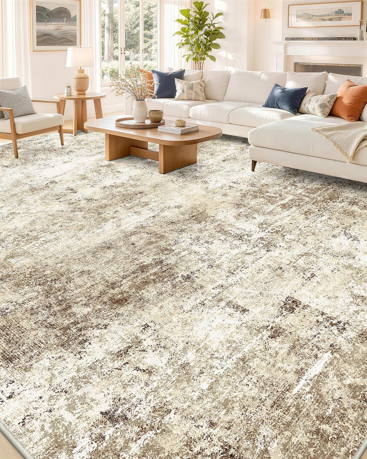 OLANLY Beige Abstract Washable Area Rug