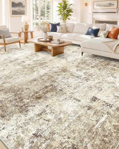 OLANLY Beige Abstract Washable Area Rug