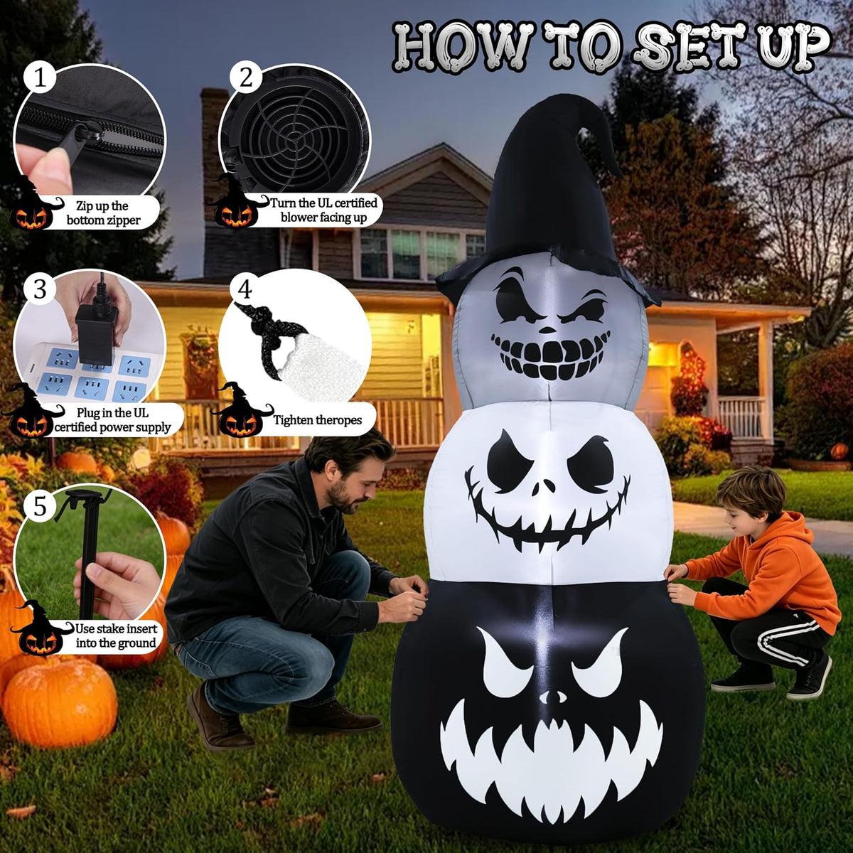 GIFTFIND 10091 7.6-Foot Halloween Pumpkin & Ghost Inflatable – Stacked Pumpkins – product detail