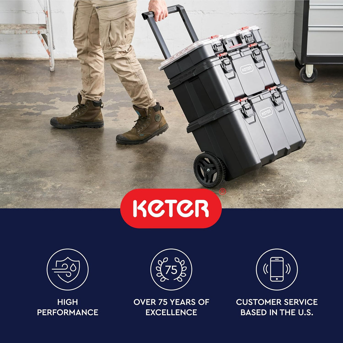 Keter 259676 Stack N Roll 3-Piece Rolling Tool Storage System – 3PC System, Black/Red – Black/Red / 3PC System – product detail