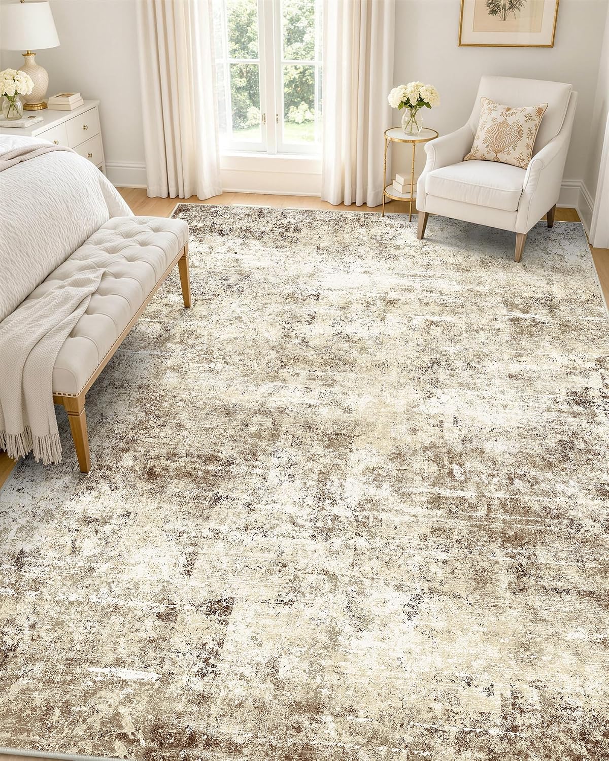 OLANLY Beige Abstract Washable Area Rug