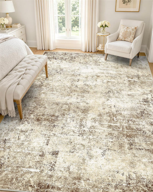 OLANLY Beige Abstract Washable Area Rug