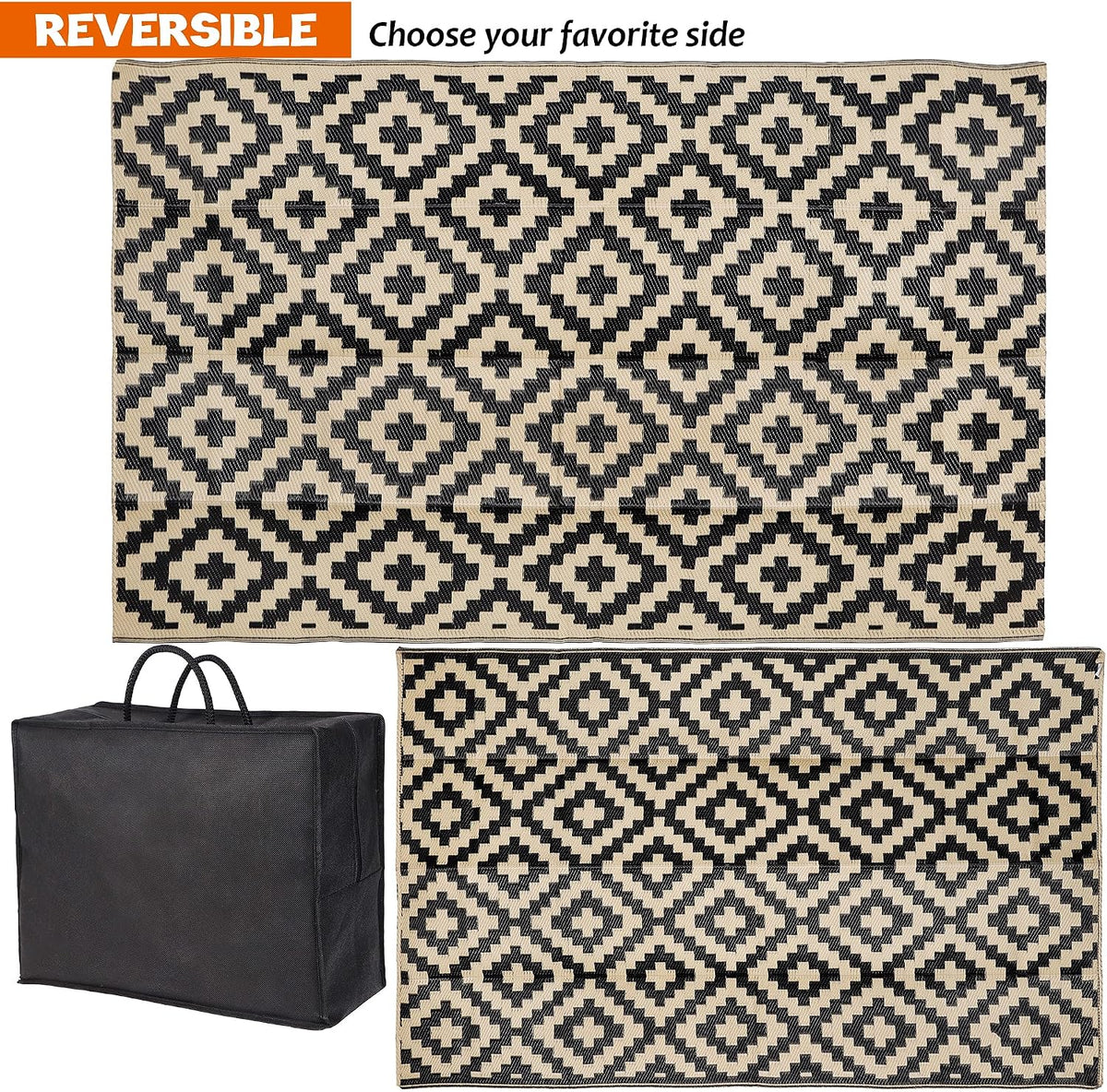 SAND MINE Reversible Outdoor Rug, Black and Beige, 5 x 8 ft