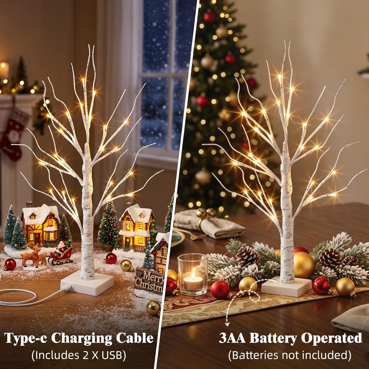 PEIDUO Lighted Birch-Style Tabletop Trees, 2 ft, Set of 2