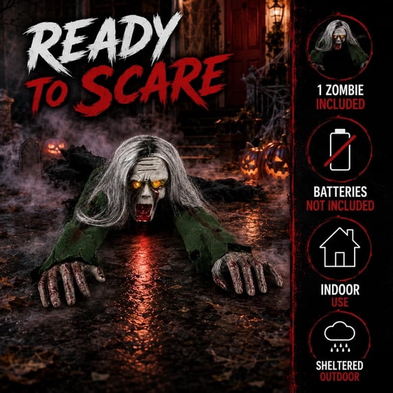 Crawling Zombie Animatronic, Moving Arms, Red Glowing Eyes & Scary Sounds for Haunted House, Hallway & Party & Spooky Home Decor Motorized Creeping Zombie