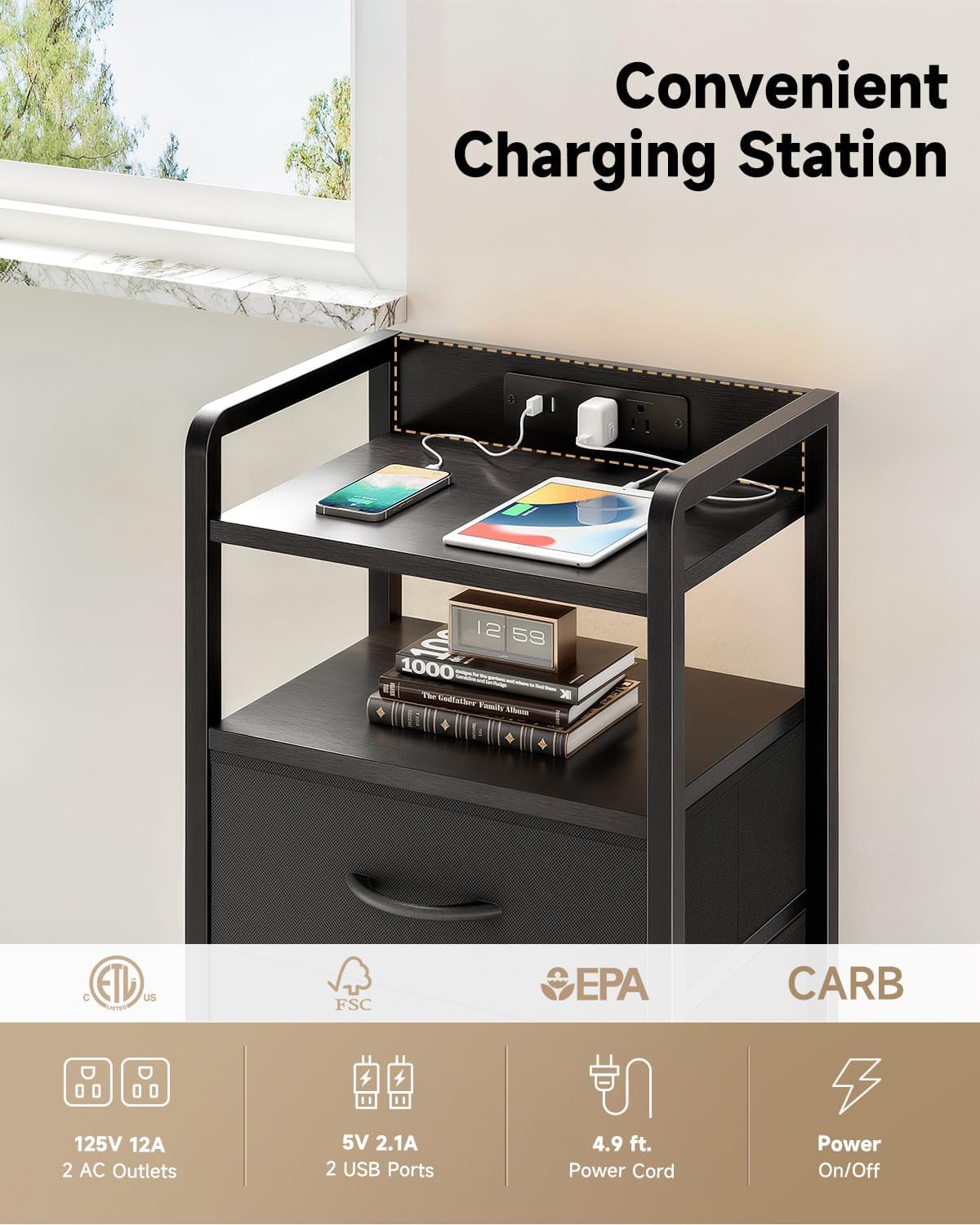 Lazzanto Two-Drawer Nightstand with Charging Station and LED Light, Black