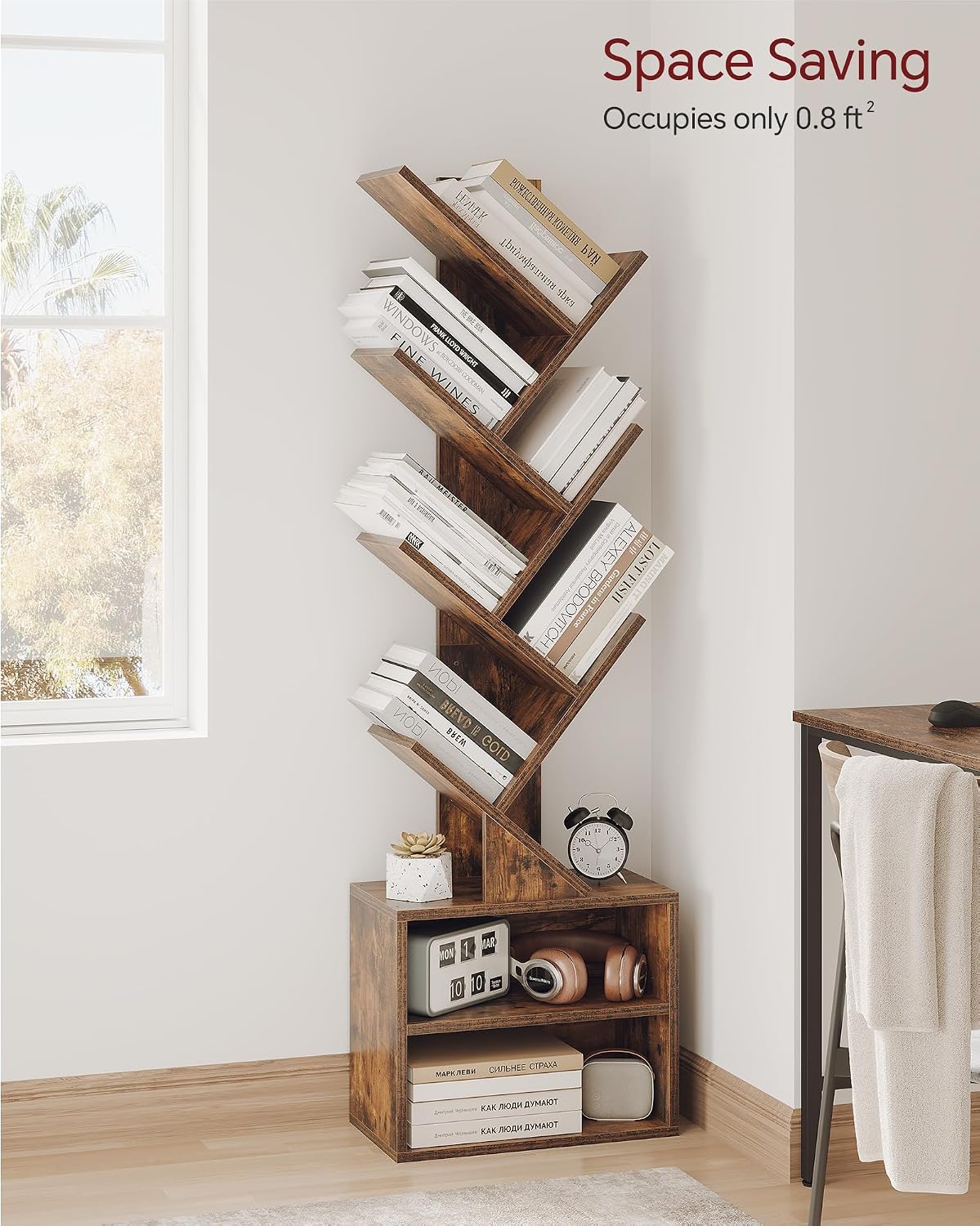 SUNMORY Six-Tier Tree Bookshelf with Storage, Brown