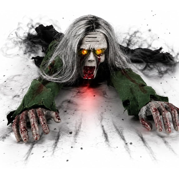 Crawling Zombie Animatronic, Moving Arms, Red Glowing Eyes & Scary Sounds for Haunted House, Hallway & Party & Spooky Home Decor Motorized Creeping Zombie