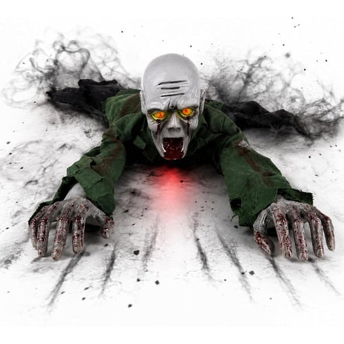 Crawling Zombie Animatronic, Moving Arms, Red Glowing Eyes & Scary Sounds for Haunted House, Hallway & Party & Spooky Home Decor Motorized Creeping Zombie