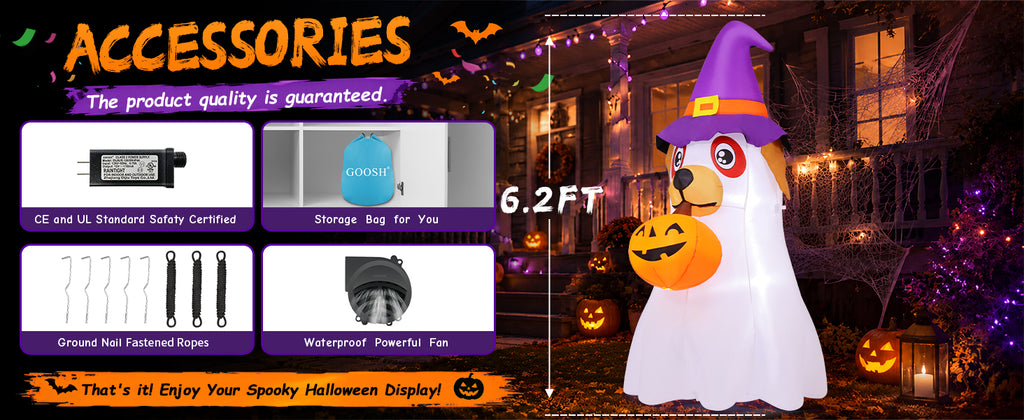 GOOSH 69431 6.2-Foot Halloween Dog & Ghost & Pumpkin Inflatable – White – product detail