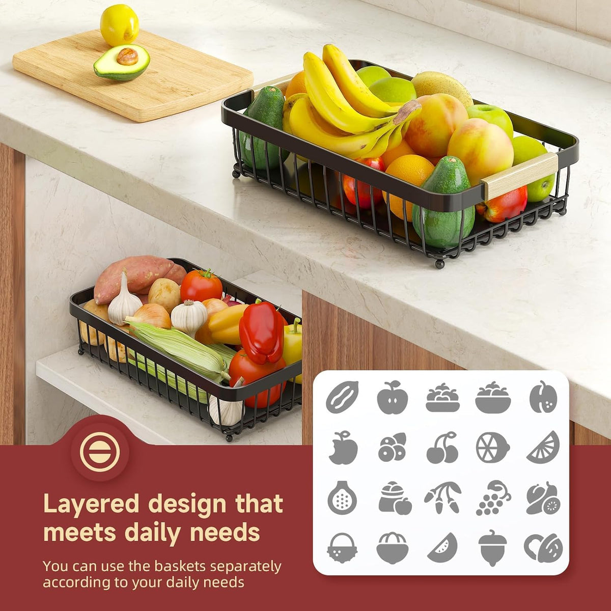 Sevenblue Two-Tier Fruit Basket with Banana Hooks, Black