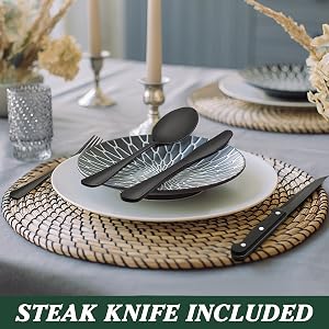 EWFEN Black Flatware with Steak Knives, 24-Piece Set