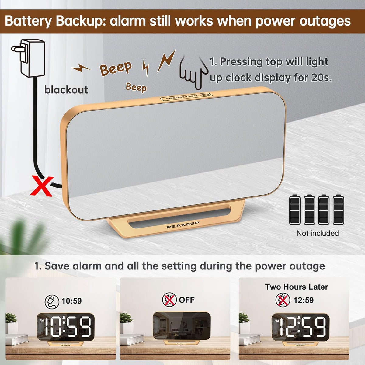 Peakeep Mirror Digital Alarm Clock, Gold
