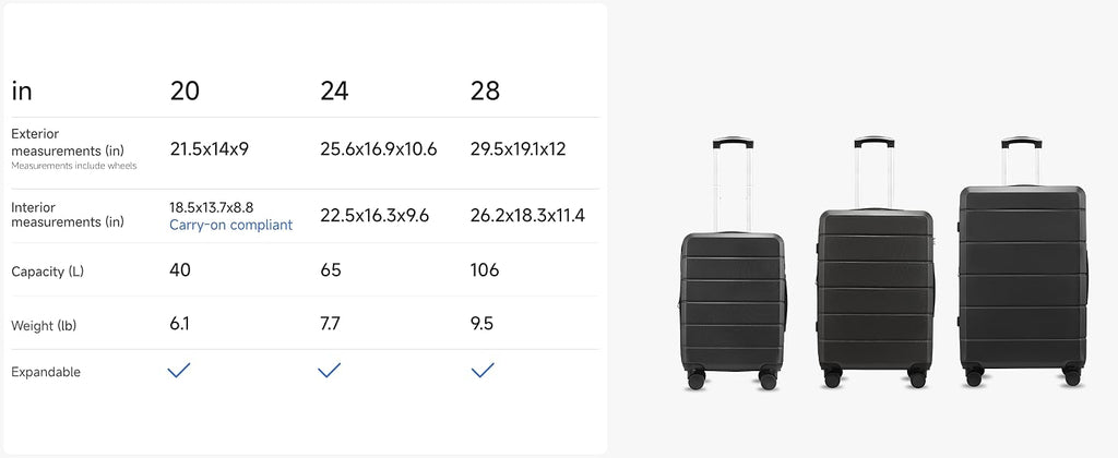 YOETEY H1 Hardside Luggage Set – 3-Piece Set, Black – Black / 3-Piece Set – product detail