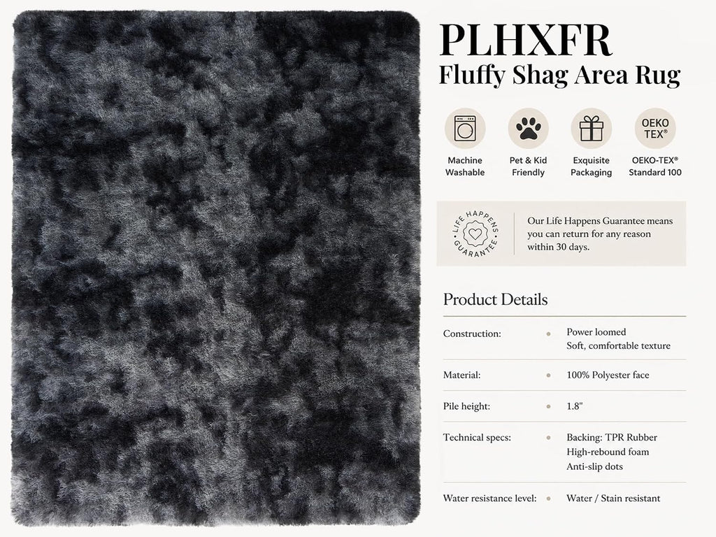 PLHXFR Shag Area Rug, Tie-Dyed Dark Grey, 8 x 10 ft