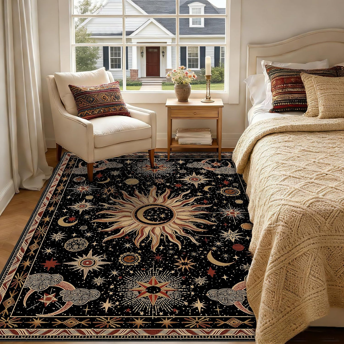 meejou Sun and Moon Area Rug, Black/Gold/Beige/Red, 5 x 7 ft