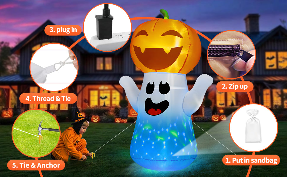 zukakii QM-WS-019 5-Foot Halloween Pumpkin & Ghost Inflatable – White – product detail