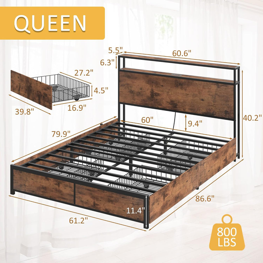 Lifezone Queen Storage Bed Frame with Charging Headboard and LED Lighting
