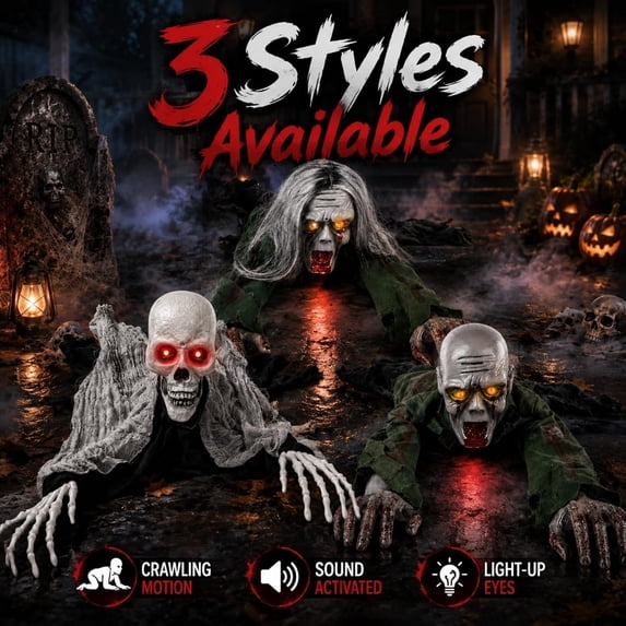 Crawling Zombie Animatronic, Moving Arms, Red Glowing Eyes & Scary Sounds for Haunted House, Hallway & Party & Spooky Home Decor Motorized Creeping Zombie