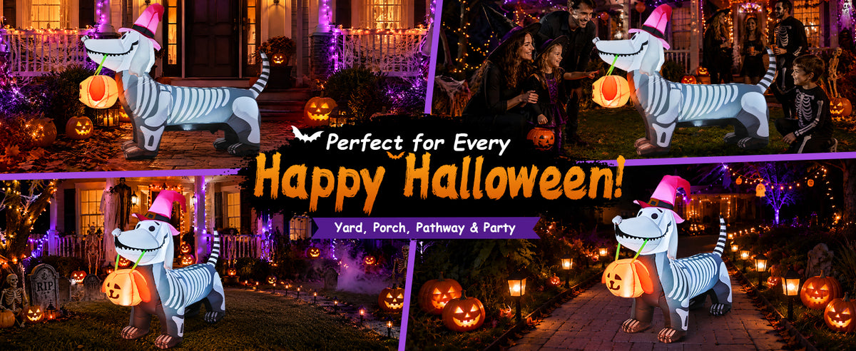 GOOSH 5.5-Foot Halloween Skeleton Dog & Pumpkin Inflatable – White – product detail