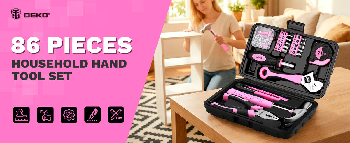 DEKOPRO DKMHTK086BMC-Pink 86-Piece Household Hand Tool Kit – Pink – product detail