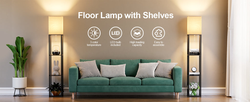 PARTPHONER Shelf Floor Lamp with Three-Color LED Bulb, Black