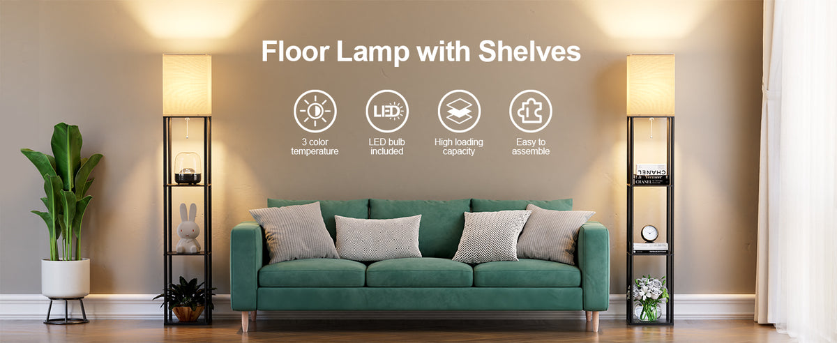 PARTPHONER Shelf Floor Lamp with Three-Color LED Bulb, Black