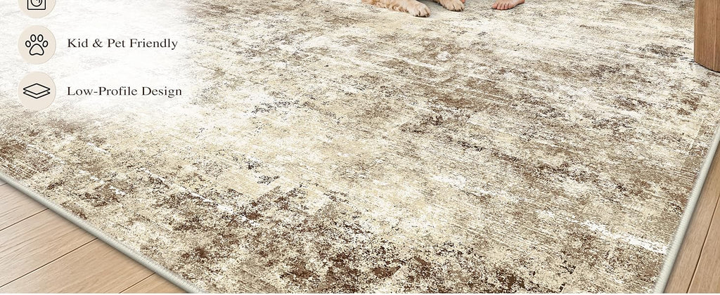 OLANLY Beige Abstract Washable Area Rug
